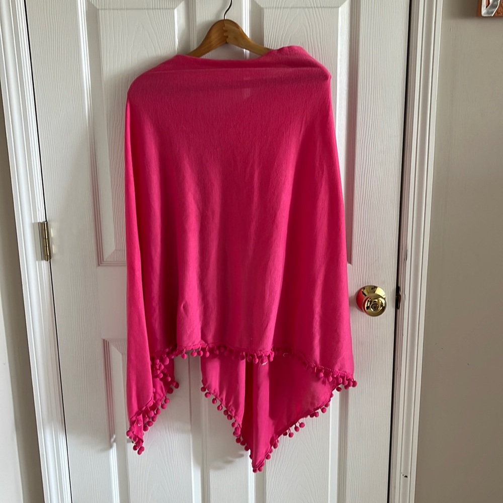 G Pink Poncho With Fringe Balls Lining The Hem OSFA